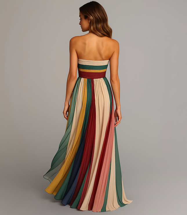 Women's Maxi Summer Dress with Strapless Neckline and Pleats