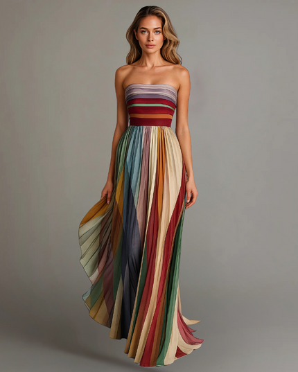 Women's Maxi Summer Dress with Strapless Neckline and Pleats