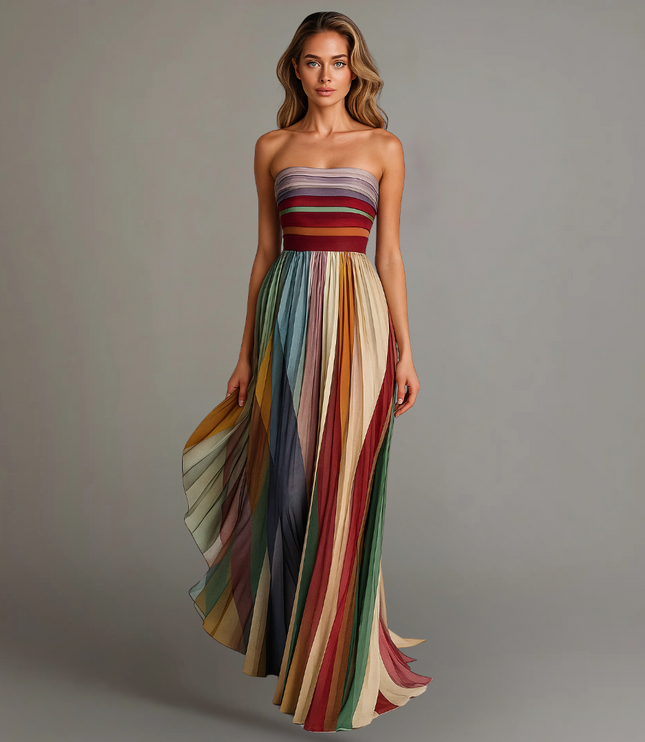 Women's Maxi Summer Dress with Strapless Neckline and Pleats