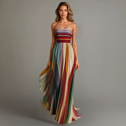 Women's Maxi Summer Dress with Strapless Neckline and Pleats