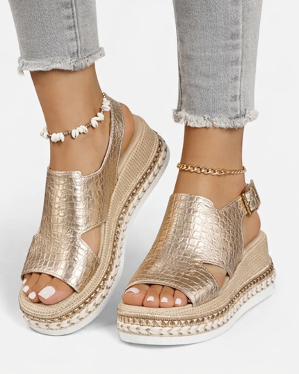Women's Metallic Wedge Sandals with a Slingback Strap