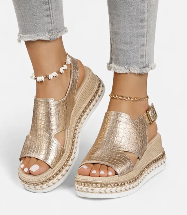 Women's Metallic Wedge Sandals with a Slingback Strap