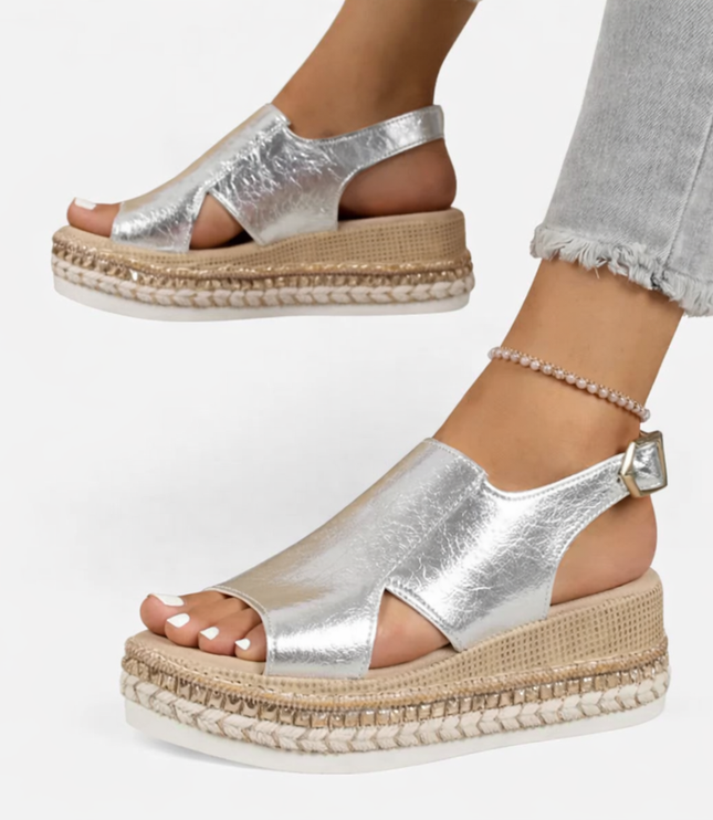 Women's Metallic Wedge Sandals with a Slingback Strap
