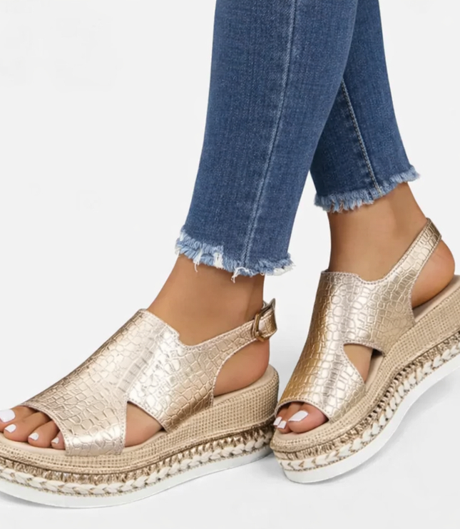 Women's Metallic Wedge Sandals with a Slingback Strap