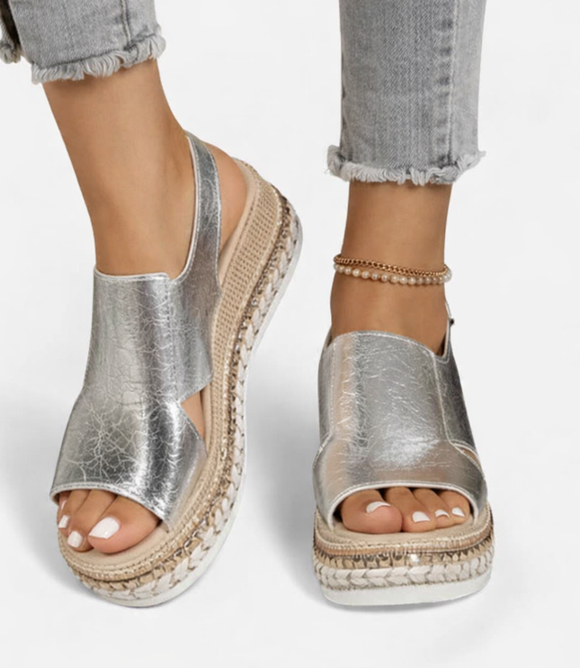 Women's Metallic Wedge Sandals with a Slingback Strap