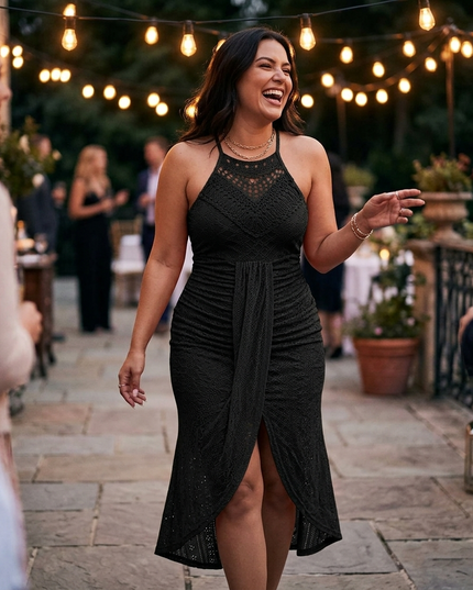Women's Midi Cocktail Dress in Crochet with Split Hem