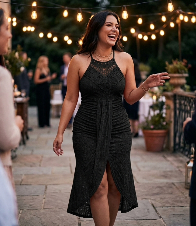 Women's Midi Cocktail Dress in Crochet with Split Hem