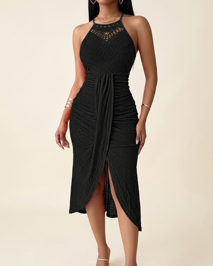 Women's Midi Cocktail Dress in Crochet with Split Hem