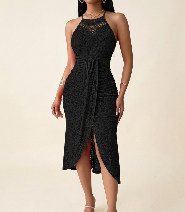 Women's Midi Cocktail Dress in Crochet with Split Hem