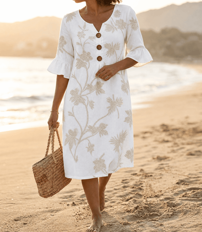 Women's Midi Dress in Floral Embroidery with a Bell Sleeve