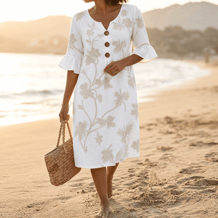 Women's Midi Dress in Floral Embroidery with a Bell Sleeve