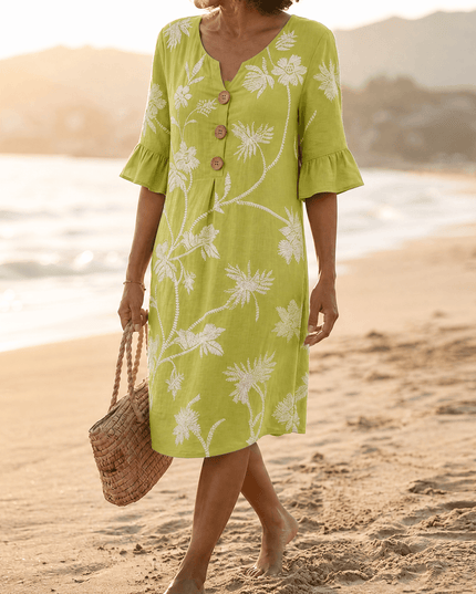 Women's Midi Dress in Floral Embroidery with a Bell Sleeve