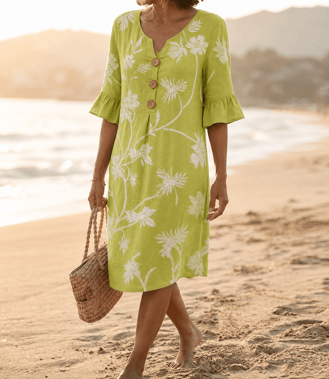 Women's Midi Dress in Floral Embroidery with a Bell Sleeve