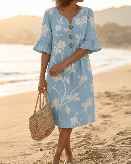 Women's Midi Dress in Floral Embroidery with a Bell Sleeve