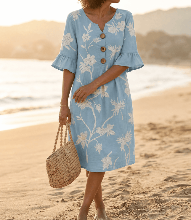 Women's Midi Dress in Floral Embroidery with a Bell Sleeve