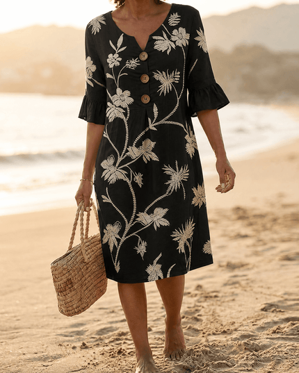 Women's Midi Dress in Floral Embroidery with a Bell Sleeve