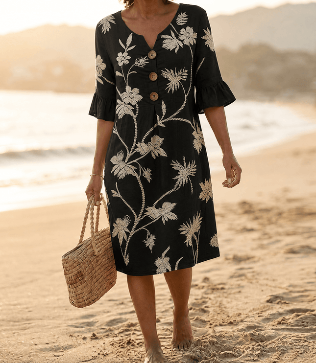 Women's Midi Dress in Floral Embroidery with a Bell Sleeve