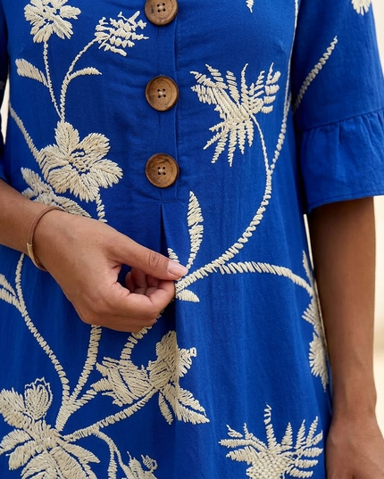 Women's Midi Dress in Floral Embroidery with a Bell Sleeve