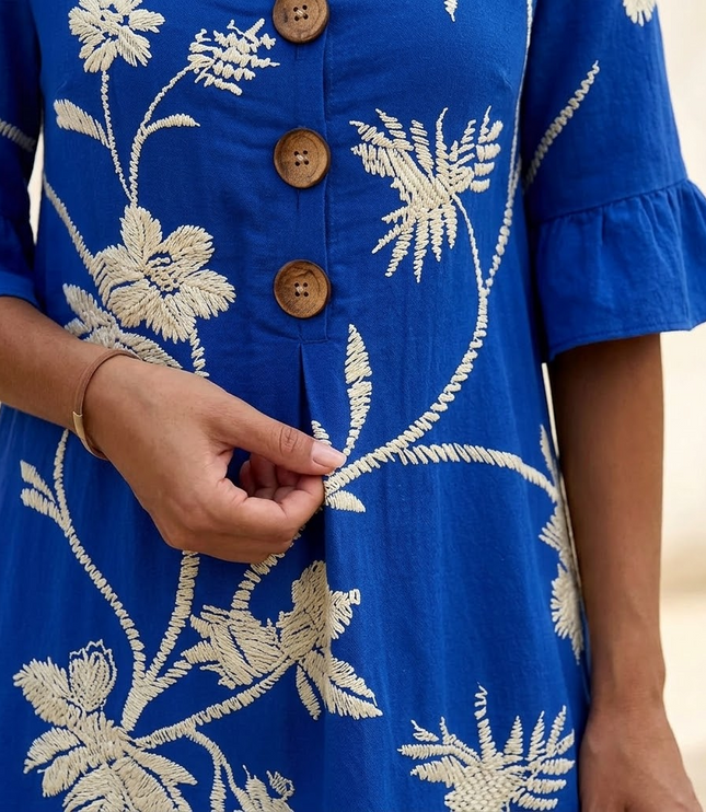 Women's Midi Dress in Floral Embroidery with a Bell Sleeve