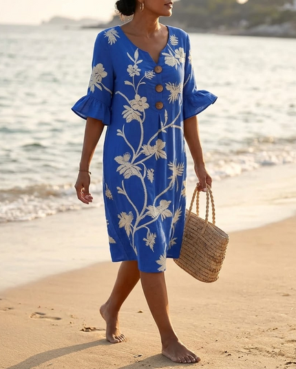 Women's Midi Dress in Floral Embroidery with a Bell Sleeve
