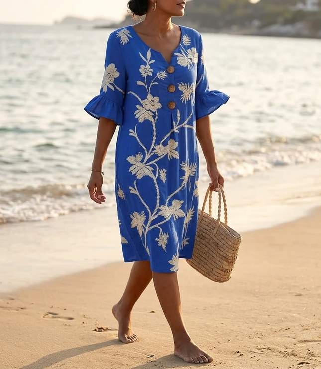 Women's Midi Dress in Floral Embroidery with a Bell Sleeve