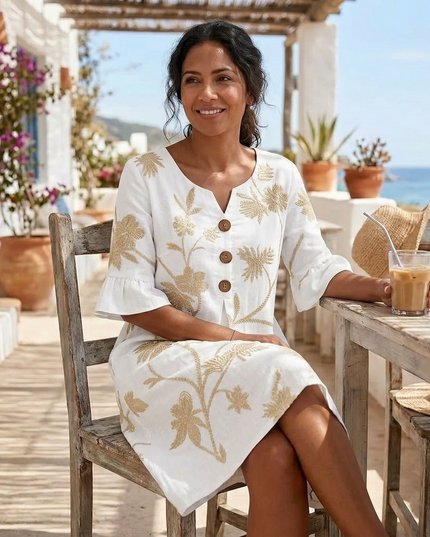 Women's Midi Dress in Floral Embroidery with a Bell Sleeve