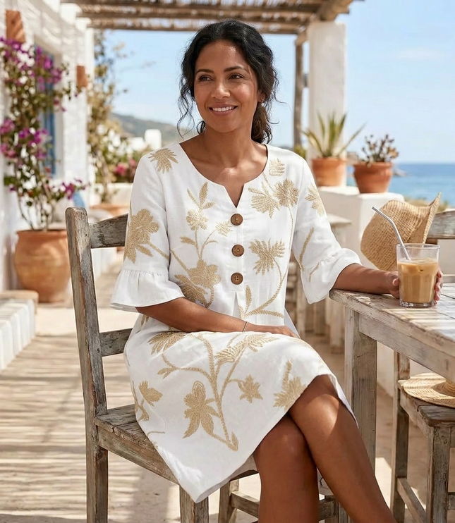 Women's Midi Dress in Floral Embroidery with a Bell Sleeve