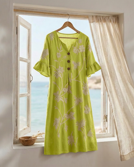 Women's Midi Dress in Floral Embroidery with a Bell Sleeve