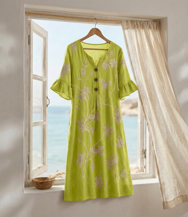 Women's Midi Dress in Floral Embroidery with a Bell Sleeve