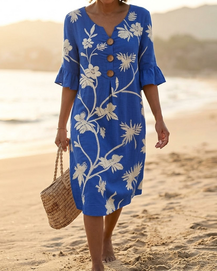 Women's Midi Dress in Floral Embroidery with a Bell Sleeve