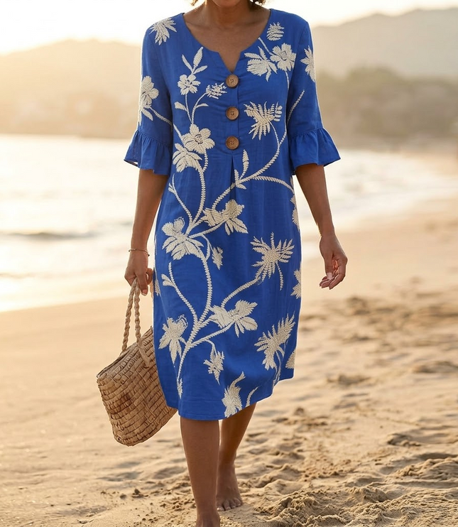Women's Midi Dress in Floral Embroidery with a Bell Sleeve