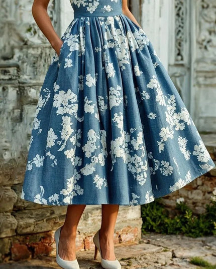 Women's Midi Dress with a Swing Skirt and Off-Shoulder Neckline