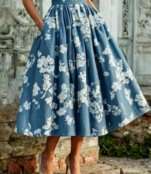 Women's Midi Dress with a Swing Skirt and Off-Shoulder Neckline