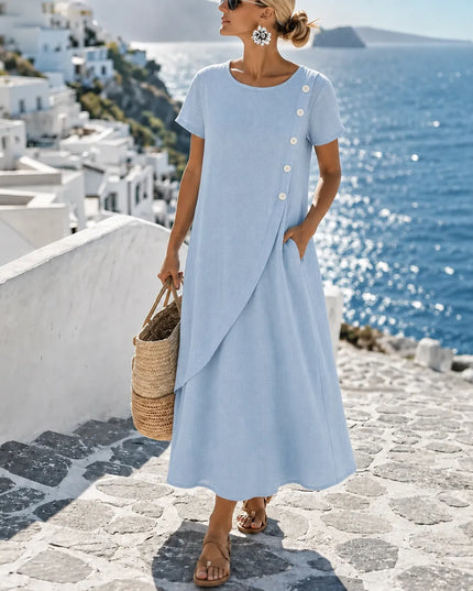 Women's Midi Dress with Asymmetric Buttons and Side Pockets