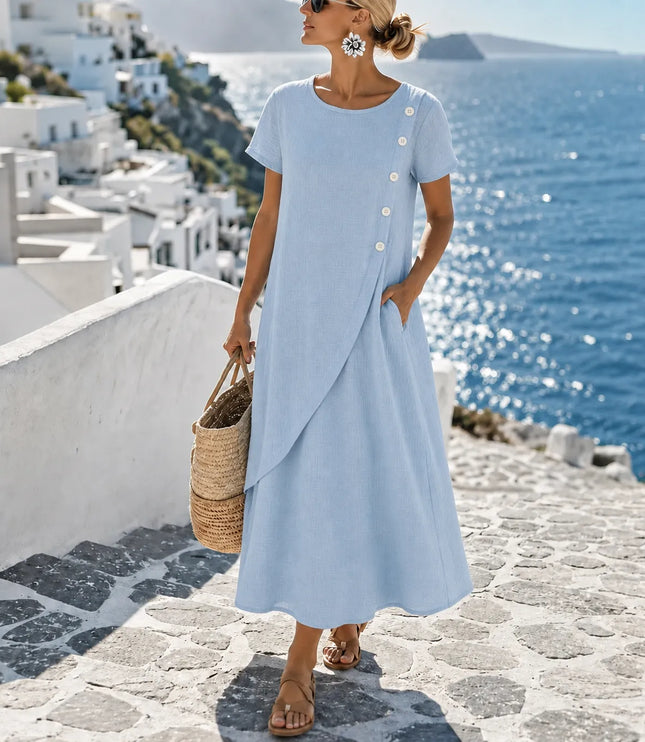 Women's Midi Dress with Asymmetric Buttons and Side Pockets
