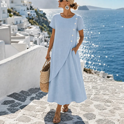 Women's Midi Dress with Asymmetric Buttons and Side Pockets