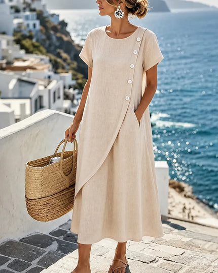 Women's Midi Dress with Asymmetric Buttons and Side Pockets