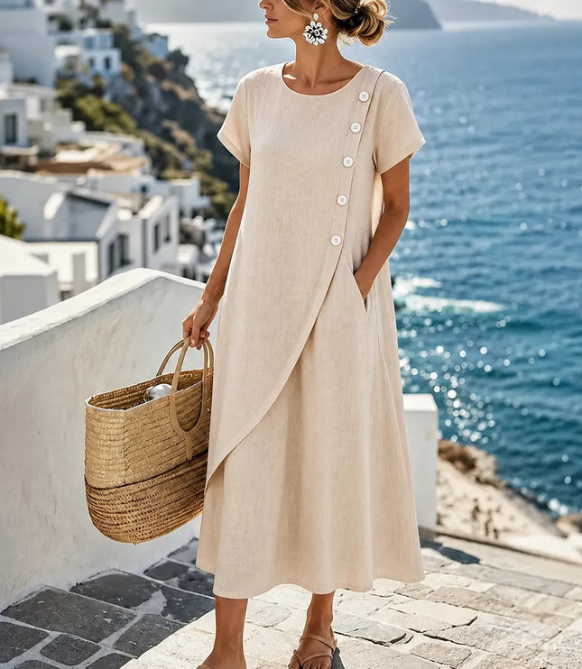 Women's Midi Dress with Asymmetric Buttons and Side Pockets