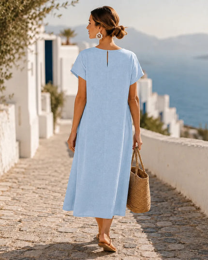 Women's Midi Dress with Asymmetric Buttons and Side Pockets
