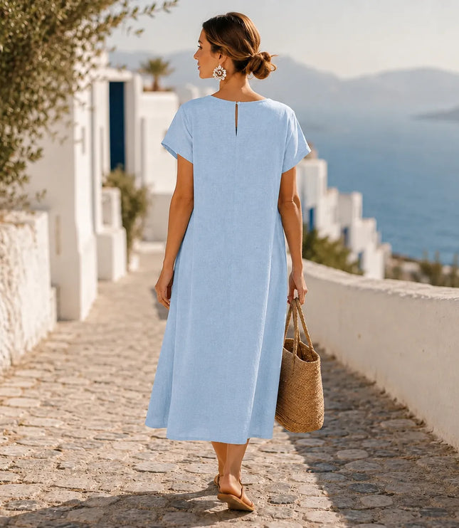 Women's Midi Dress with Asymmetric Buttons and Side Pockets