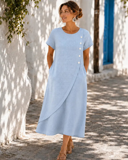 Women's Midi Dress with Asymmetric Buttons and Side Pockets