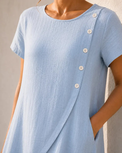 Women's Midi Dress with Asymmetric Buttons and Side Pockets