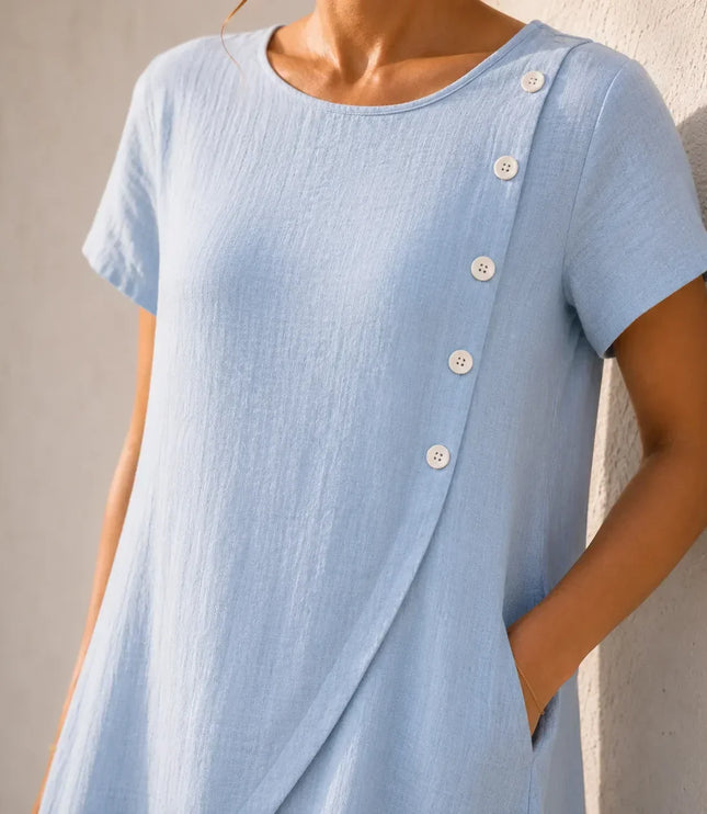 Women's Midi Dress with Asymmetric Buttons and Side Pockets