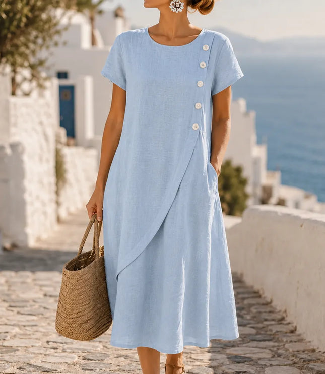 Women's Midi Dress with Asymmetric Buttons and Side Pockets