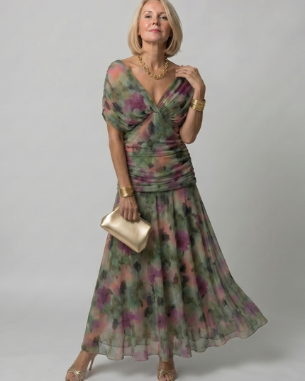 Women's Midi Party Dress in Floral with Off-Shoulder Neckline