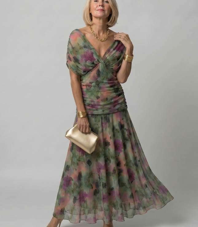 Women's Midi Party Dress in Floral with Off-Shoulder Neckline