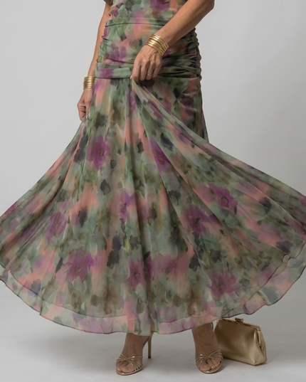 Women's Midi Party Dress in Floral with Off-Shoulder Neckline