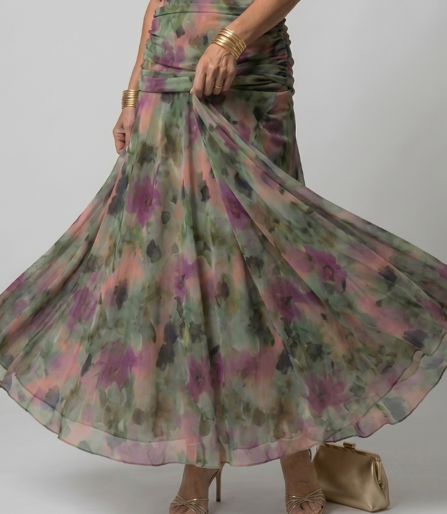 Women's Midi Party Dress in Floral with Off-Shoulder Neckline