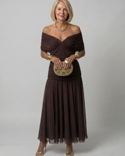 Women's Midi Party Dress in Floral with Off-Shoulder Neckline