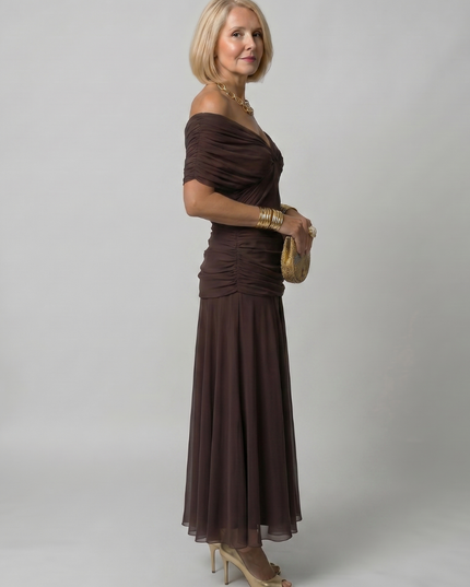 Women's Midi Party Dress in Floral with Off-Shoulder Neckline